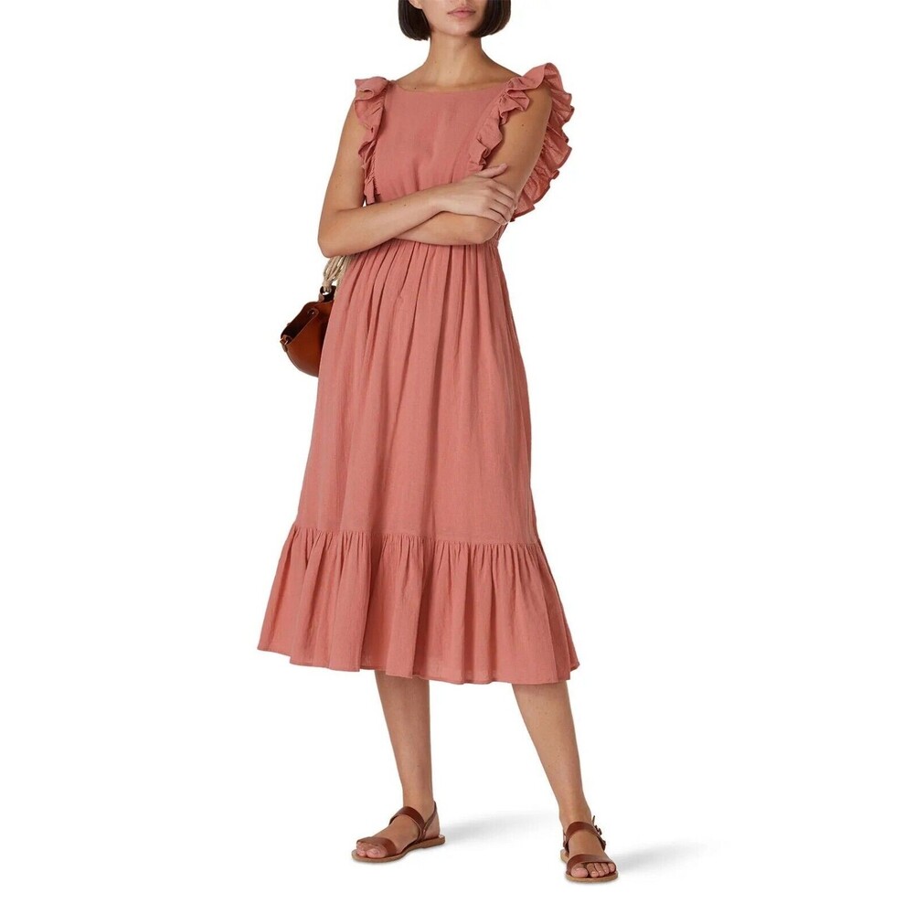 BA&SH Joyce Midi Dress S Boat Neck Ruffle Blush Pink Cottagecore EUC B29